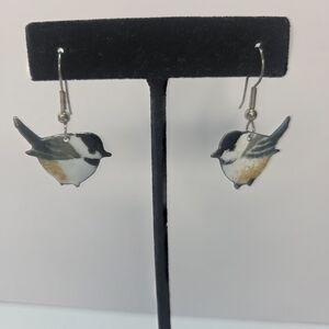 chicadee bird enameled metal pierced earrings birding bird lover